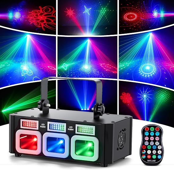 3D Disco Lights with Laser & LED, RGB Patterns Red, Green and Blue Laser & 90+Full Color Strobe, Sound Activated & DMX512 for DJ Party, Stage, Wedding, Birthday, Christmas – Party Lights Indoor Disco [Energy Class A]