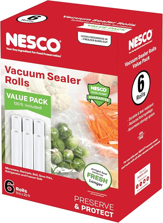 NESCO Vacuum Sealer Bag Rolls 6 Pack of 11" x 20' BPA-Free Rolls, Freezer, Sous Vide, Microwave, Boil & Dishwasher Safe, Works with Most Vacuum Sealers