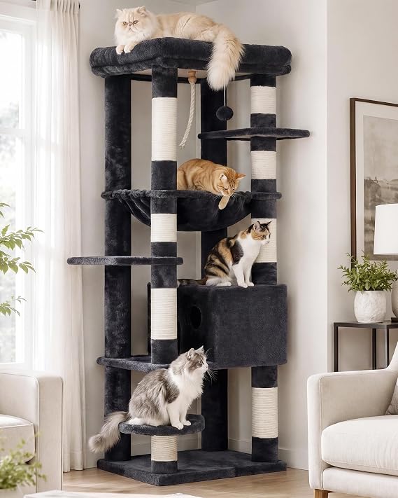 Heybly HCT050G Cat Scratching Post with Blankets for Large Cat Tree Large Platforms Cave 50 x 50 x 153cm Smoke Grey