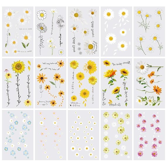 15 Sheets Temporary Tattoo Stickers For Women Yellow White Daisy Flower Words Suit for Wrist Hand Neck