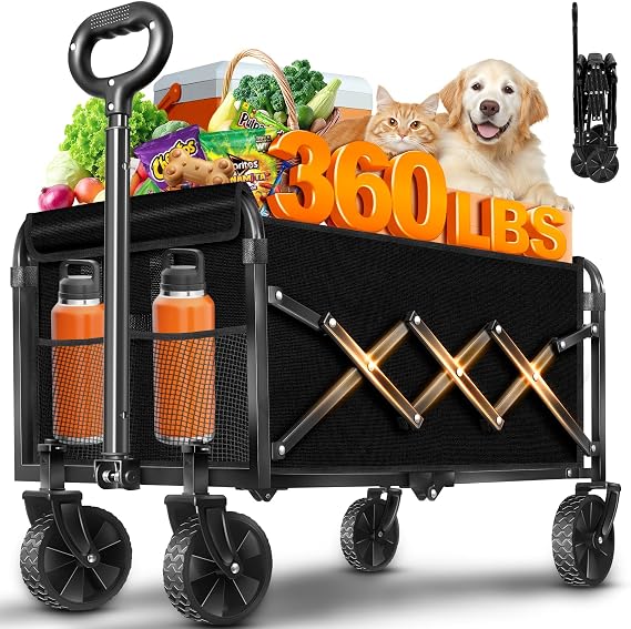 JINIHFW Wagons Carts Foldable, 360LBS Collapsible Folding Wagon, Black | Portable Foldable Wagon for Groceries, Camping, Sports & Shopping, Lightweight Folding Cart with Durable Wheels.