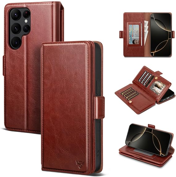 Compatible with Samsung Galaxy S23 Ultra Case Wallet with Card Holder Women Men,RFID Blocking PU Leather Phone Case Flip Shockproof Protector Cover Credit Card Slot Kickstand,Brown
