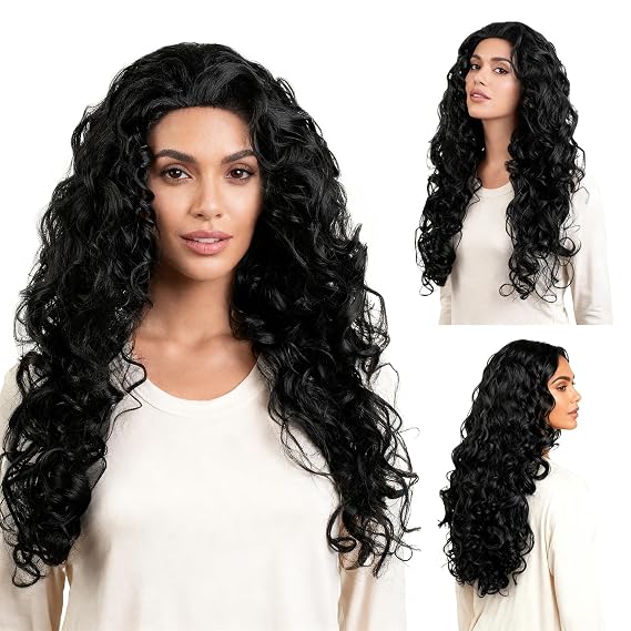 Onedor Long Hair Curly Wavy Full Head Halloween Wigs Cosplay Costume Party Hairpiece (1#-Black)