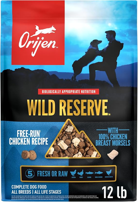 ORIJEN Wild Reserve Dry Dog Food Free-Run Chicken Recipe 12lb Bag | WHOLEPREY Ingredients, Freeze Dried, Fresh or Raw Ingredients, High Protein, Made in the USA, Skin & Coat, Digestive Health