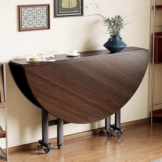 Drop-Leaf Dining Table, Round Drop Leaf Table with 6 Wheels, Versatile Extendable Kitchen Table, Space Saving Folding Dining Tables, for Home Office or Breakfast Bar or Coffee(160cm)