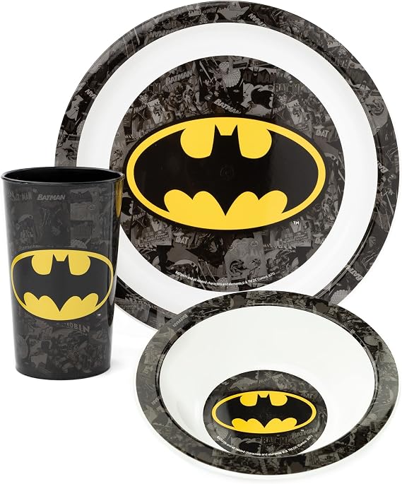 DC Comics Batman Kids 3 Piece Dinnerware Set | Boys & Girls Yellow Superhero Tableware PP Dinner Plate, Bowl And Tumbler Cup