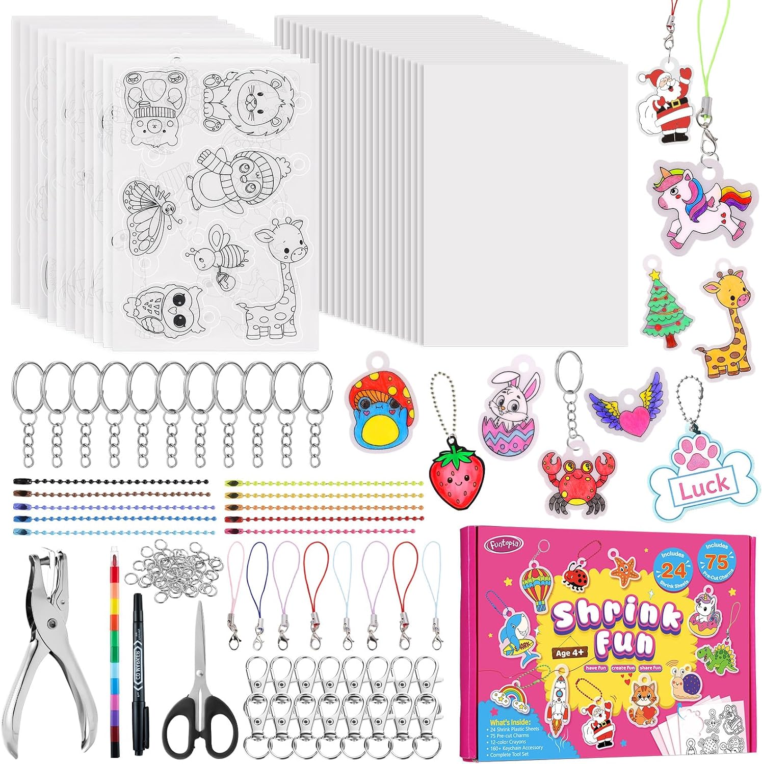 201Pcs Shrink Paper Keychain Kit, 24 Blank & 12 Pre-Cut Sheets (75 Patterns) Crafts Kits for Kids Adults, Shrinking Art Activity Set with Hole Punch & Keychain JewelLery Accessories for DIY Crafts