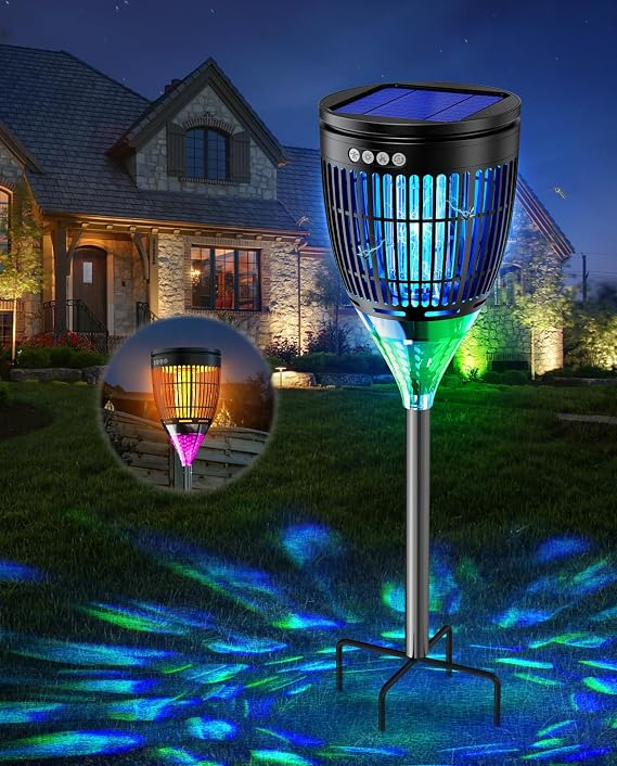 Solar Bug Zapper Outdoor, Mosquito Zapper with Flame & Projector Light