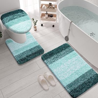 Arotive Microfiber Bathroom Rugs 3 Piece with Toilet Lid Cover, Shaggy Soft and Absorbent Bath Rug, Non-Slip, Machine Washable Bath Mats for Bathroom（30x2024x2017.5x15, Dark Green