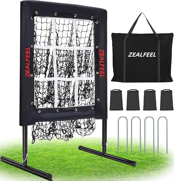 ZEALFEEL Baseball Pitching Net with 9 Hole Target & Strike Zone, 5 Height Adjustable Softball Throwing Trainer, Heavy Duty Portable Pitching Net
