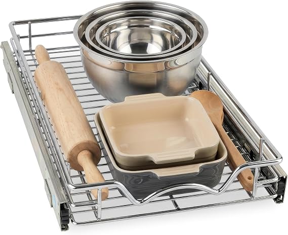 HOLD N' STORAGE Pull Out Cabinet Organizer, Heavy Duty-w/ -11W x 17D-Requires At Least 12-1/4 Cabinet Opening, Steel Metal Cabinet Drawers Slide Out, Chrome Finish