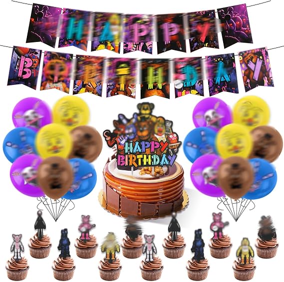 34PCS Birthday Decorations, Midnight Bear Party Decorations, Birthday Party Supplies for Boys Girls, Include Banner, Balloons, Cake Topper, Cupcake Toppers