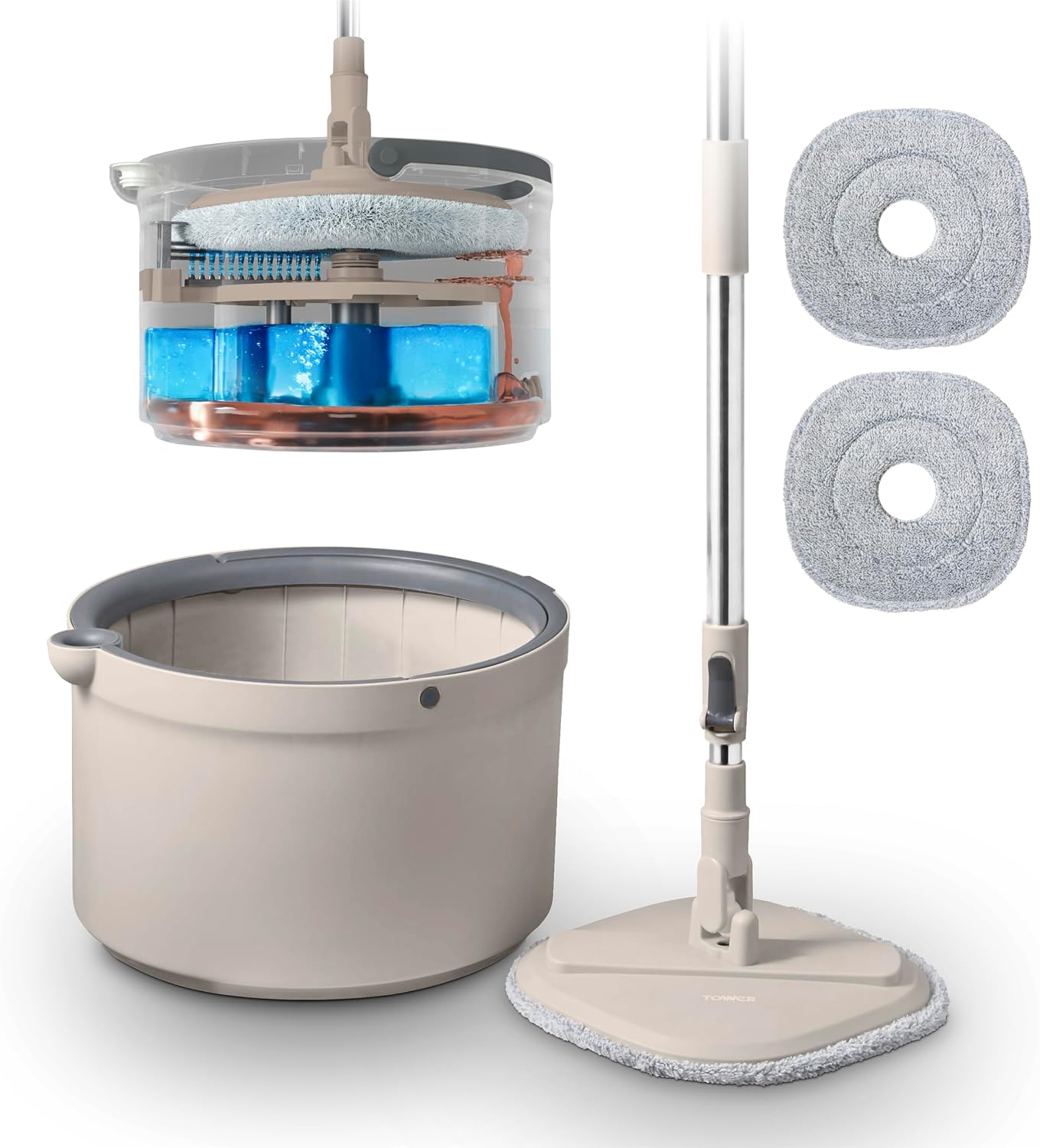 Tower Duo Compact Spin Mop & Bucket, Clean & Dirty Water Separation, Effortless 360° Wringing, 2 Reusable Microfibre Mop Pads, Latte & Grey