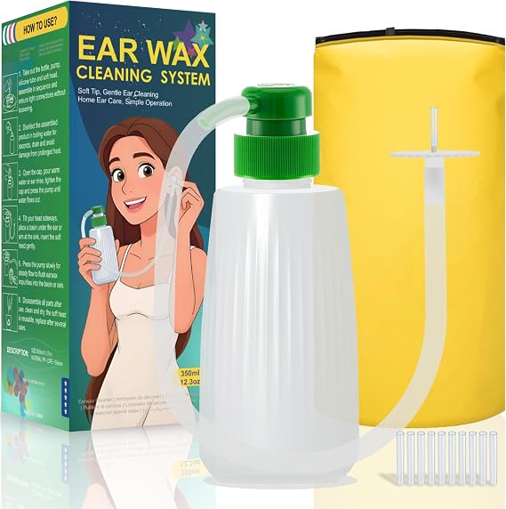 Ear Wax Removal Kit 350ml, Safe Ear Irrigation Flushing System for Adults & Kids, Ear Cleaning Washer with 10 Reusable Soft Silicone Tips, Home Ear Care & Ear Wax Cleaner