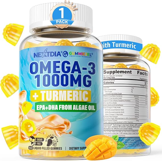 Omega-3 Gummies 1000mg + Turmeric, Fish Oil Alternative No Fish Taste, 60Ct