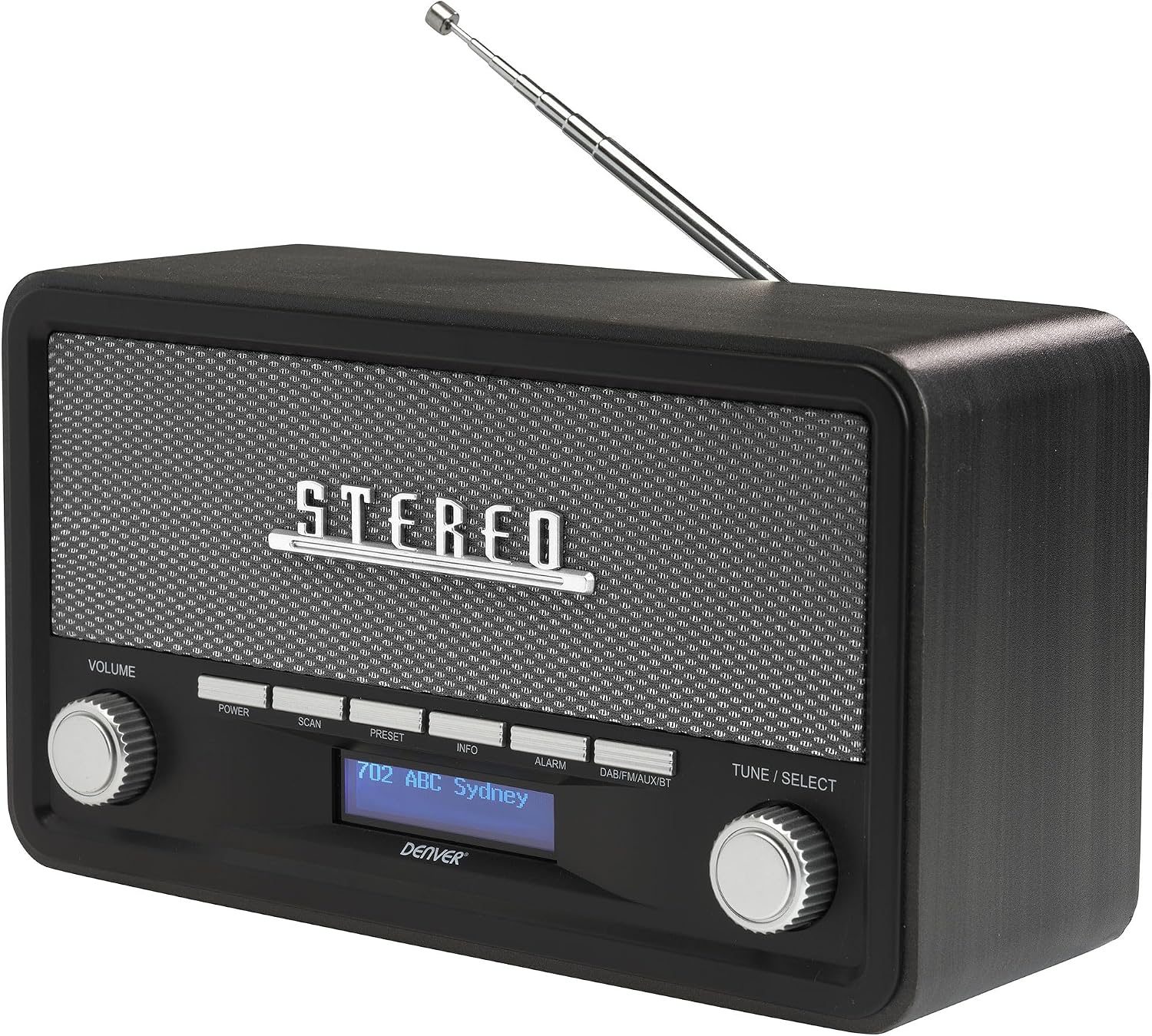Denver DAB-18 Vintage Style Stereo DABDAB& FM Radio – Real Wood Cabinet, Bluetooth, Clock Radio Alarm, AUX IN for Smart PhoneTablet  MP3 Player – Mains or Battery