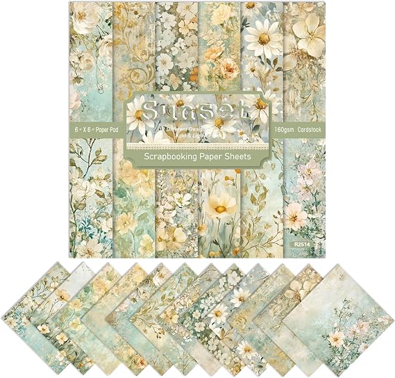 24 Sheets Spring Blue Flower Plant Scrapbook Paper 6 x 6" Single -sided Print Pattern Paper 160GSM Square Decorative Cardstock for Scrapbooking DIY Junk Journaling Arts Crafts (B, 6inch)