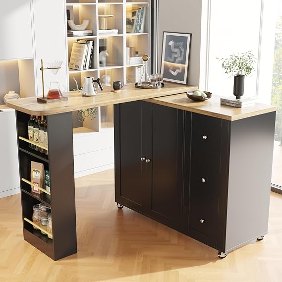 Breakfast Bar Table with Storage, 360° Swivelling Breakfast Bar Table, Extendable Dining Table with Flexible Castors, Bar Table with Three Drawers and Snack Rack, Black