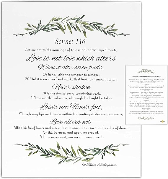 William Shakespeare Gifts Sonnet 116 -16"Wx20"L - Shakespeare poster with an easy read Analysis in Modern English included, Shakespeare complete works library | Shakespeare Art | UNFRAMED Print