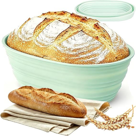 Sourdough Proofing Basket with Linen Cloth, 25cm Foldable Oval Silicone Banneton, Foldable Space Saving Dough Proofer for Artisan Bread Baking, Ideal Gift for Home Bakers