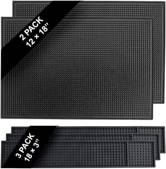 Rubber Bar Mats for Countertop Set of 5 (2Pack- 18" x 12" and 3Pack - 18" x 3") Black Bar Mats for Bartending, Bar Service Mat, Home Bar, Coffee Bar Mat Spill Matt