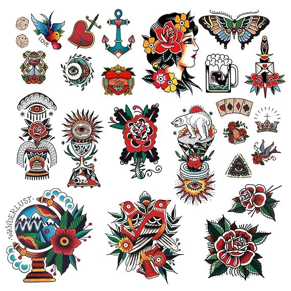 CARGEN Classic Temporary Tattoos - Traditional Old School Vintage Stickers Sailor Jerry Flower Rose Ladyface Swallow Butterfly Sword Eye Globe Crown Anchor Temporary Tattoo Fake Tattoo Great for Arm