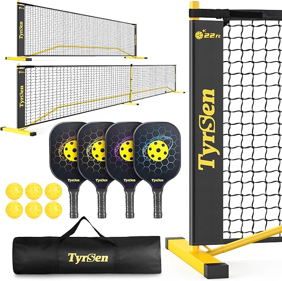 Pickleball Set with Net, 22 FT & Half Court 11 FT Pickleball Net, 4 Fiberglass Rackets, Portable Pickleball Set, Pickle Ball Net System with Carrying Bag for Court, Driveway, Backyards