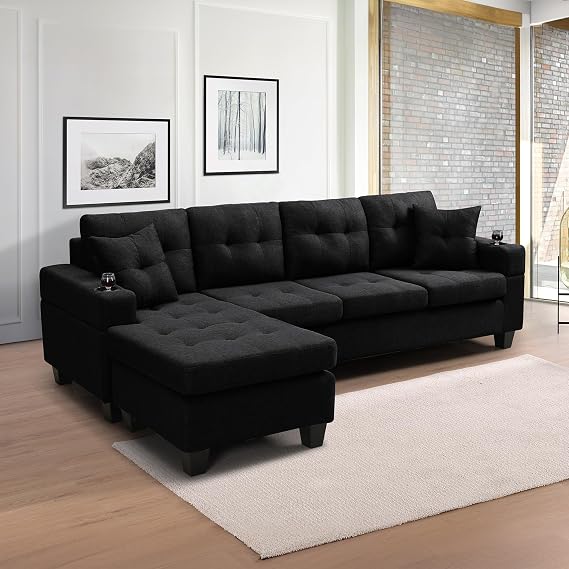 Wakefit Sectional Sofa Couch, Modern 4-Seaters Living Room Furniture Sets with Reversible Chaise Lounge & 2 Pillows | L Shape Couch | Cup Holders | Linen Fabric,Black