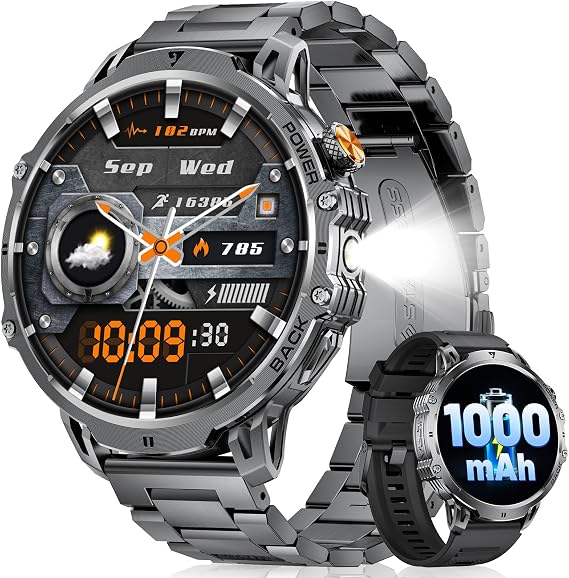 Smart Watch for Men (Answer/Make Call), 1.85'' HD Smartwatch with 1000mAh, LED Flashlight, 100+ Sports Modes, Heart Rate/SpO2/Sleep Monitor, IP68 Waterproof Fitness Tacker for Android iOS