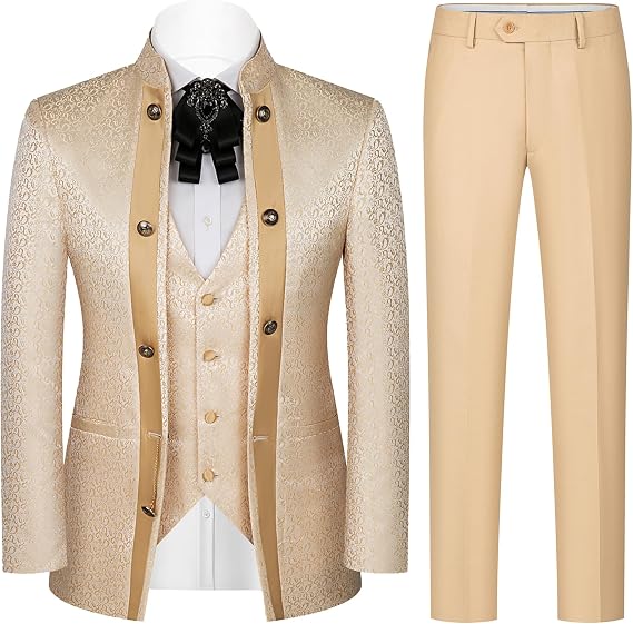 Men's Tuxedo 3Piece Mandarin-Collar Jacquard Suit for Wedding Prom