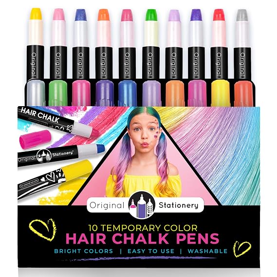 Original Stationery Hair Chalk Pens for Girls Ages 7+, 10-Pack Washable Temporary Hair Color Set for Kids with Metallic & Vibrant Shades, Fun Creative Activity, Birthday Gift