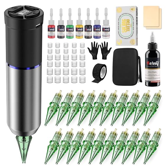 Tattoo Gun,Solong Wireless Tattoo Kit 1600mAh Power 2 Operating Modes with LED Display 20Pcs Assorted Tattoo Needles Transfer Paper and Ink Travel Bag Complete Tattoo Supplies SLE72KIT-7