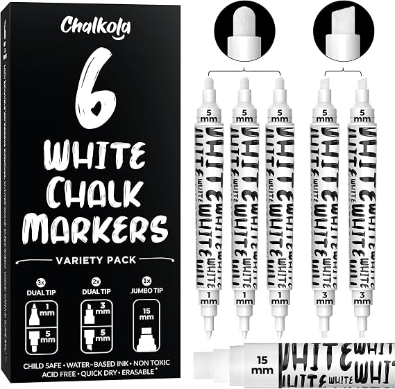 Chalkola 6 White Chalk Markers - Dry Erase Liquid Chalk Pens for Blackboard
