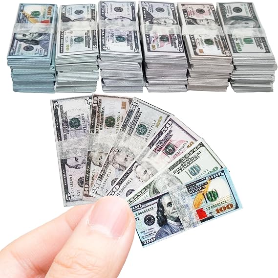 600PCS 1:12 Miniature Dollar Bills Set, Old Tiny Mixed Denominations Money for Mini House, New