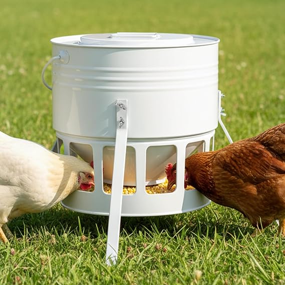 KOL Metal Chicken Feeder - 20lbs No Waste Chicken Feeder with 12 Ports, Powder Coated Rust-Proof Design & Smooth Edges for Safe Feeding (Jade White)