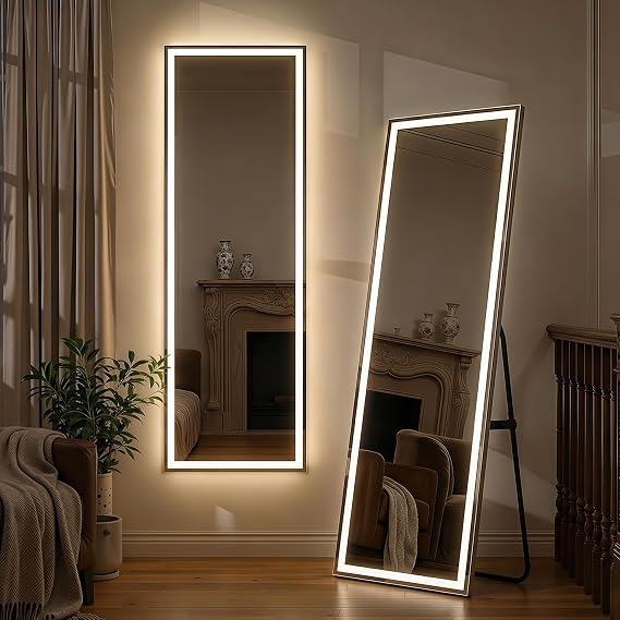 Full Length Mirror with LED Lights, 60"x16"Floor Mirror with Dimming & 3 Color Lighting, Free Standing Floor Mirrors, Lighted Full Body Mirrors for Bedroom, Dressing Room, Cloakroom