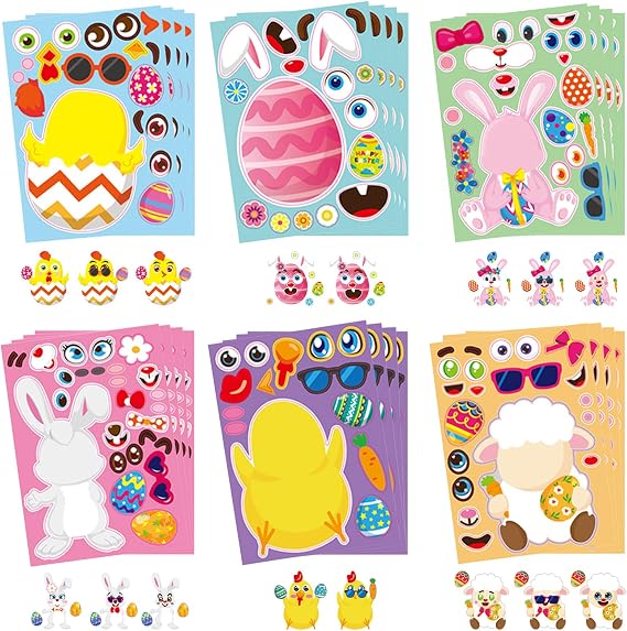 24PCS Easter Stickers for Kids, Easter Make A Face Animal Stickers with Easter Egg Themed Mix and Match Make Your Own Easter Stickers with Bunny, Egg, Sheep, Chick Easter Kids Party Favor Supplies