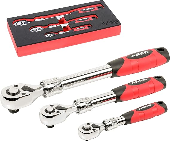 ARES 42055 3-Pc Extendable Ratchet Set - 72-Tooth, Comfort Grip