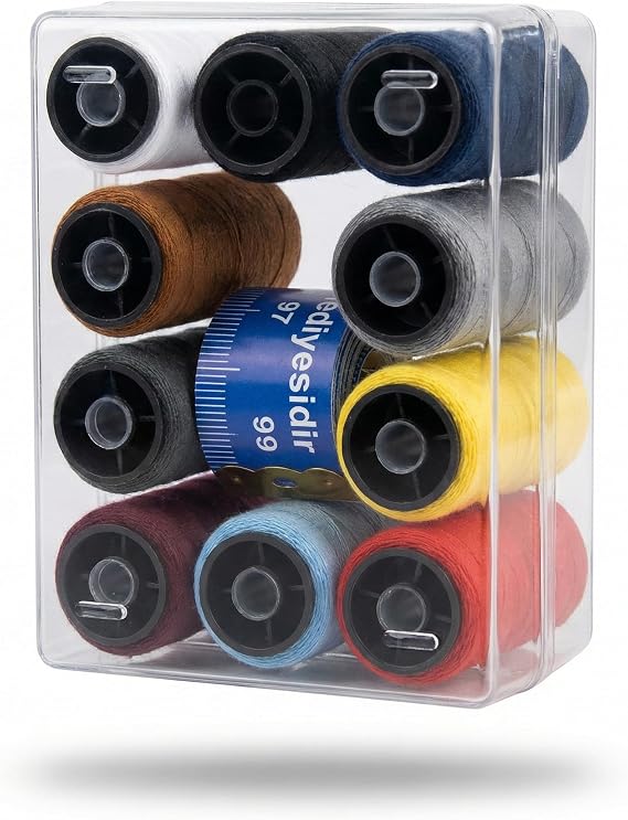 Smartizi 10 Renk Dikiş İpliği Seti (Toplam 1000 Metre) - Kutulu ve Mezura Hediyeli Polyester Makara Seti - Dikiş Makinesi ve El Dikişi İçin Dayanıklı ve Renkli İplik Kiti