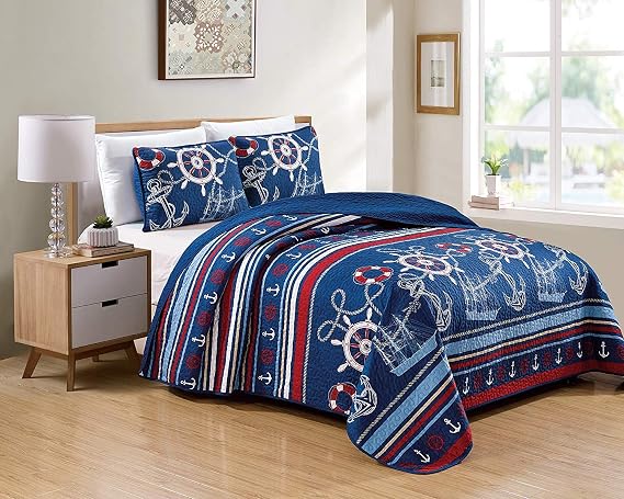 Luxury Home Collection 2 Piece TwinTwin XL Oversized Quilted Reversible Coverlet Bedspread Bedding Set Coastal Sailing Ships Anchors Blue White Red Striped