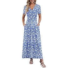 AUSELILY Womens Summer Dresses V Neck Short Sleeve Maxi Dress With Pockets Wedding Guest Dresses