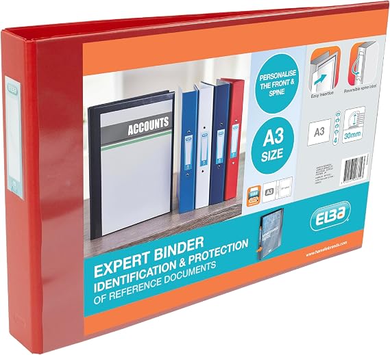 Elba A3 4 D-Ring Binder, 30mm capacity, 55mm spine, Presentation Folder with Customisable Cover, Landscape, Red (Single)