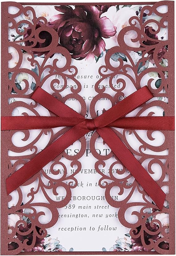 50PCS Personalized Wedding Invitation with Envelopes and Rsvp Cards | Laser Cut Burgundy Invitations for Quinceanera Bridal Baby Shower Birthday