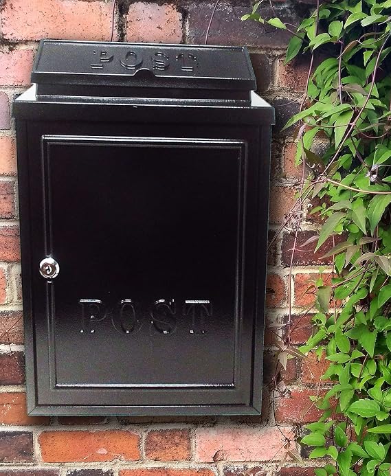 Aurahome® Vintage Weatherproof Post Box Plain Design Personalisable-Lockable Heavy Duty Secure Wall Mounted Letter Mail Post Box Post for Walls/Gates/Garages.Charming (Black with Black Post Sign)