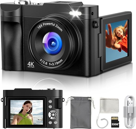 Digital Camera 4K for Photography Vlogging: 50MP Cameras for Video - 16X Zoom Photo Camera Gifts for Teens Ages 8-16 - 180Flip Screen Compact Camara - Point and Shoot Digital Cameras for YouTube