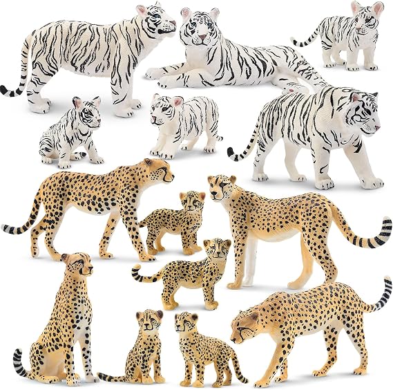 Toymany 14PCS Realistic Jungle Animals Figurines Playset Includes Baby Animals, Plastic White Tigers and Cheetah Figures with Cubs, Cake Toppers Christmas Birthday Toy Gift for Kids