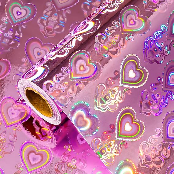 MAYPLUSS Holographic Heart Wrapping Paper Roll, Girly Romantic Metallic Rainbow Birthday Wrapping Paper for Valentine's Day Wrapping Paper, Wedding, Anniversary, Christmas, Party, Celebration (17 Inch X 33 Feet)