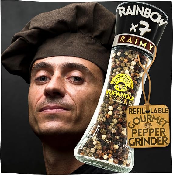 YUPANQUI Rainbow Peppercorn Grinder 3.5oz Refillable with Gourmet Rainbow Peppercorns RAIMY Artisanal 7 Color Peppercorn Blend for Salads Cheese Boards Appetizers and Colorful Gourmet Finishing