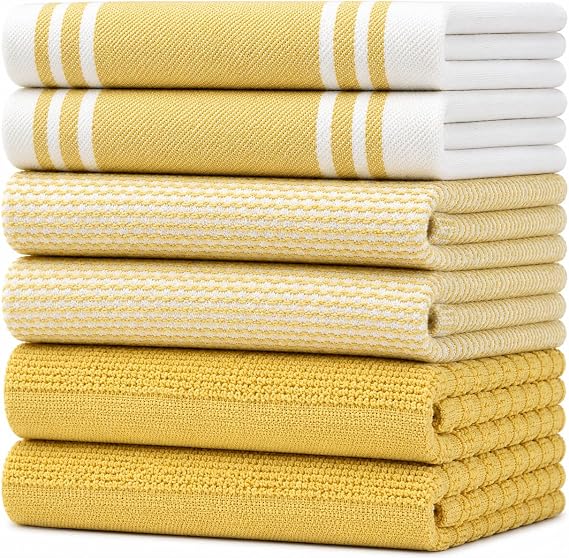 Premium Kitchen Towels 6 Pack | Large Cotton Kitchen Hand Towels | Soft & Absorbent Tea Towels with Hanging Loop | Vintage Striped Flat Terry Towel - Yellow (50 x 70cm)