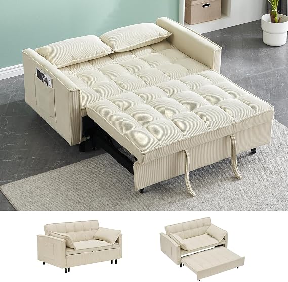 3 in 1 Convertible Sleeper Sofa Bed, Pull Out Couch for Living Room with Side Pocket, Loveseat Sleeper with Adjustable Backrest (Corduroy, Beige)